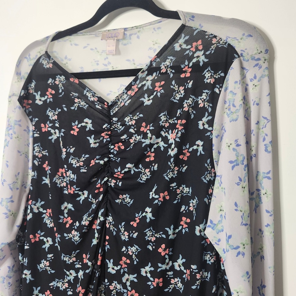 LOGO Layers by Lori Goldstein Womens XL Floral Mesh Ruched VNeck Long Sleeve Top - Picture 2 of 8